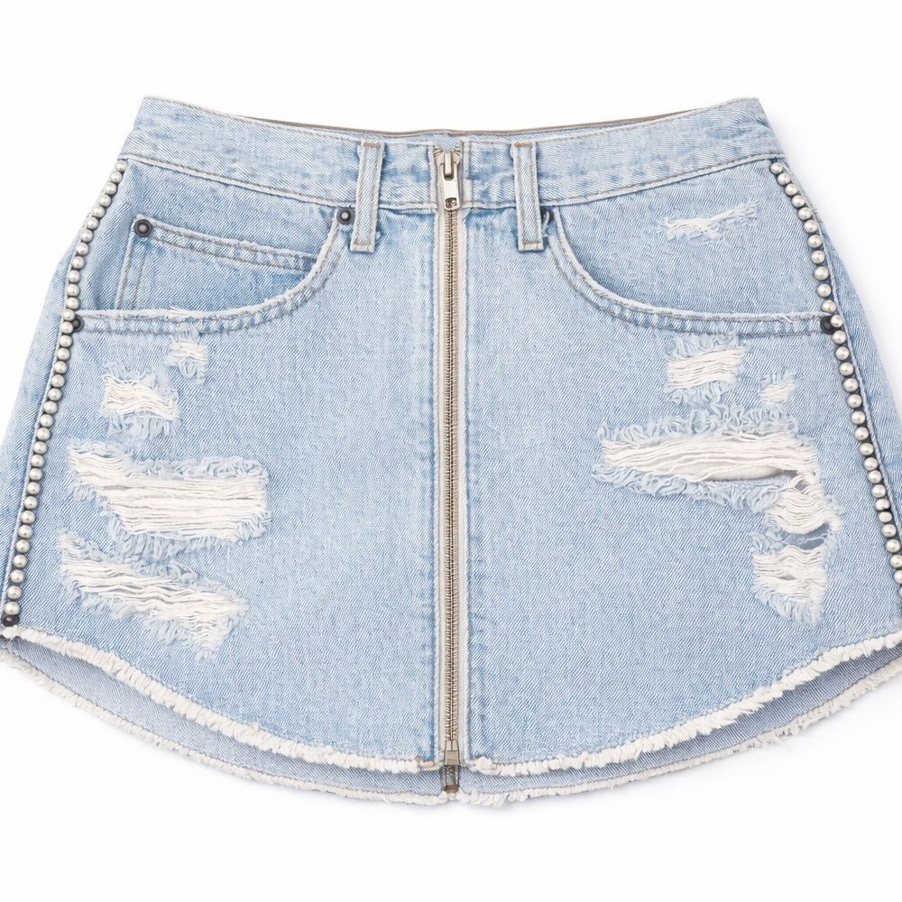 Denim Mini Skirt with Pearl Accents - Picture 1 of 2